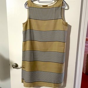 Finity Naturals Silk sleeveless tan dress with navy and white stripes. SZ 10